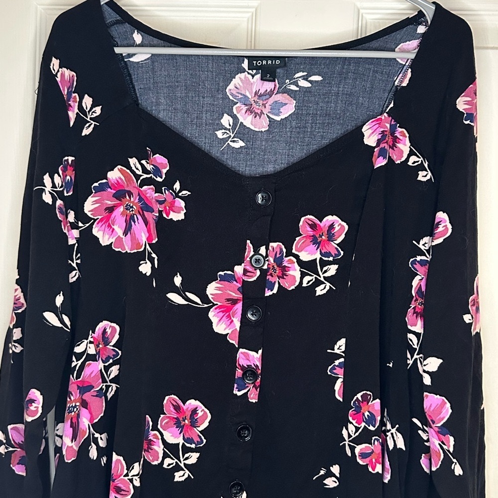 Torrid Black Blouse with Pink Floral Design